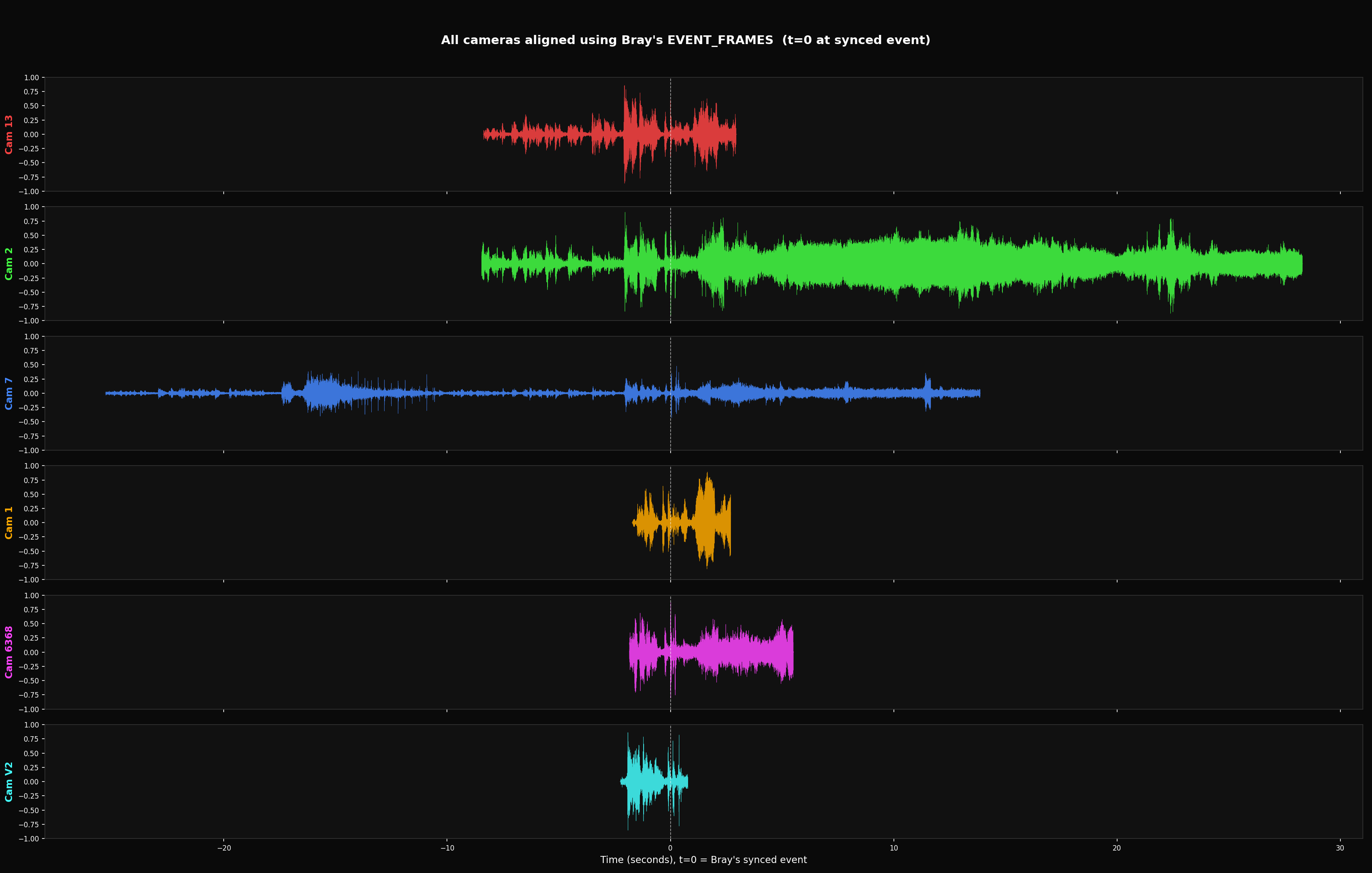 Full stacked waveforms showing all 6 cameras aligned to Bray's sync