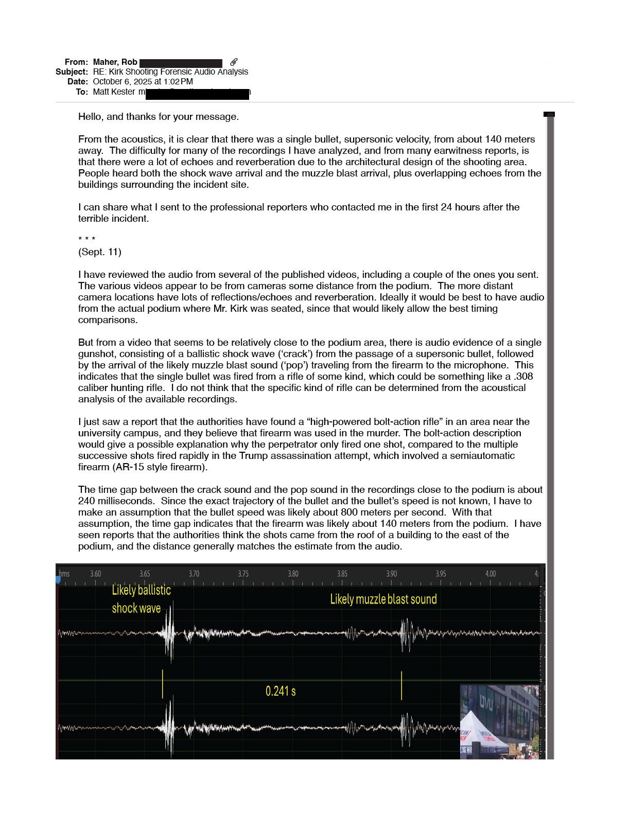 Email from Maher describing a single supersonic bullet from about 140 meters, with a waveform showing the ballistic shock wave and muzzle blast separated by 0.241 seconds