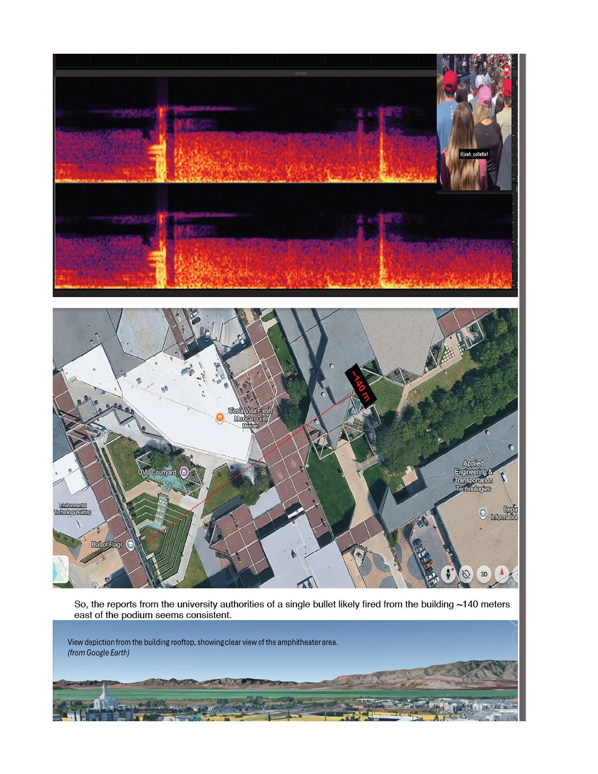 Spectrograms of the gunshot and an aerial map with a ~140 meter line drawn from the courtyard to a building east of the podium