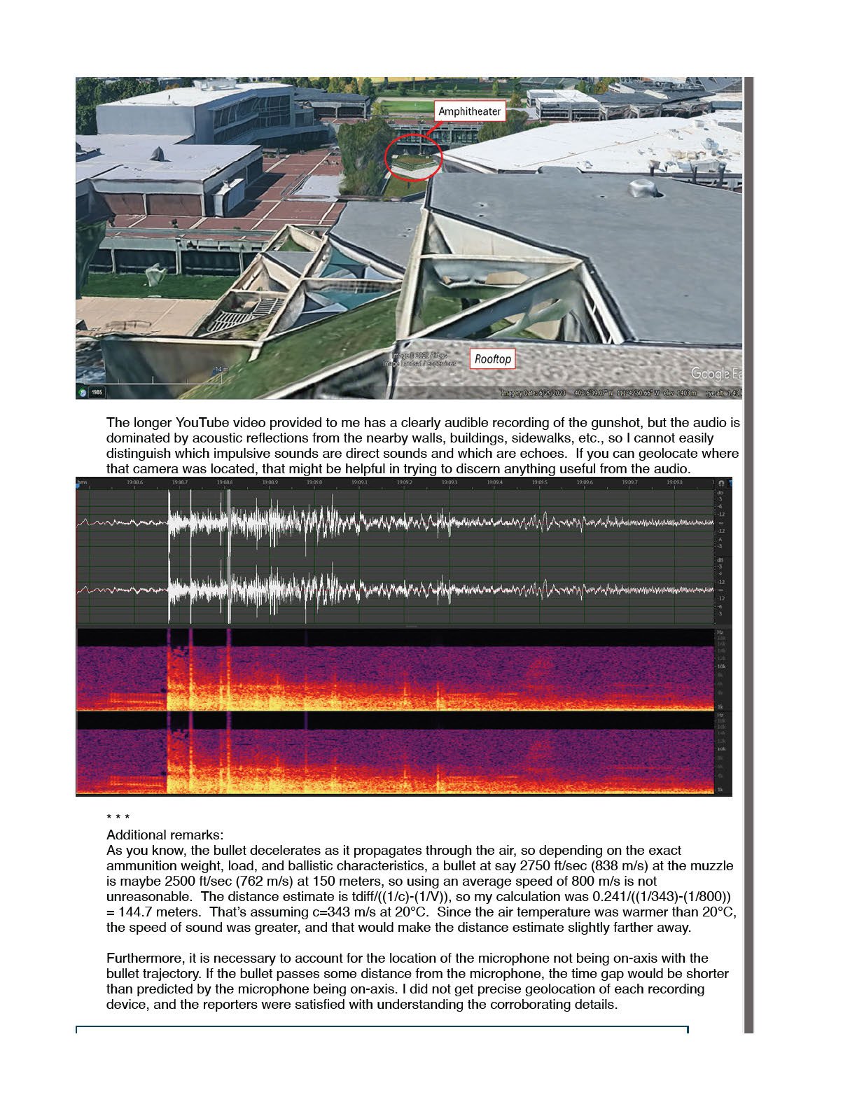 A rooftop view, a reflection-dominated waveform, and Maher's additional remarks on bullet deceleration, temperature, and off-axis geometry