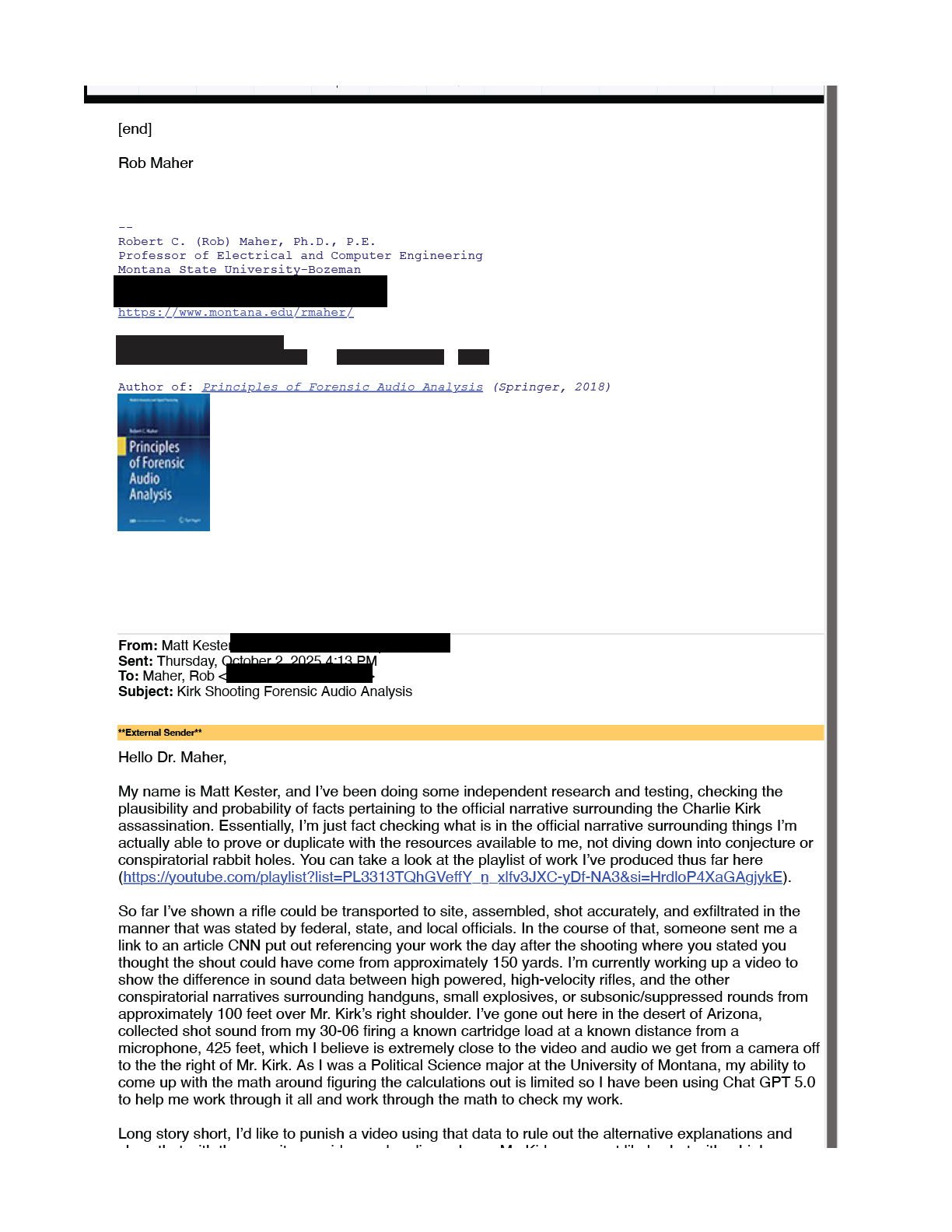 Maher's email signature with contact details redacted, followed by the beginning of Matt Kester's original message