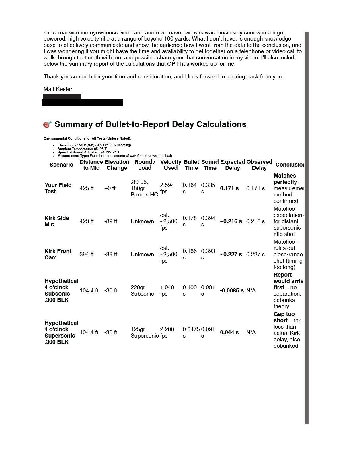 Kester's request for a call and a table comparing expected versus observed crack-to-bang delays for several scenarios